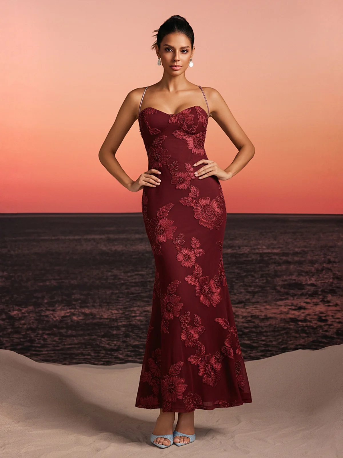 Zryne Spaghetti Embroidered Flower Maxi Dress In Wine - Image 2