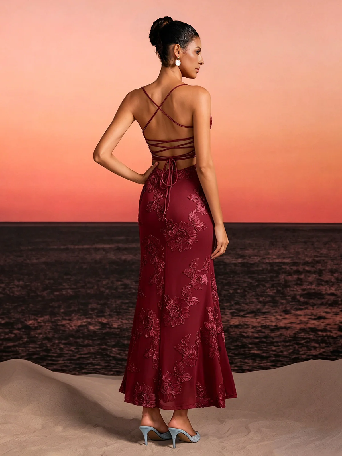 Zryne Spaghetti Embroidered Flower Maxi Dress In Wine - Image 6
